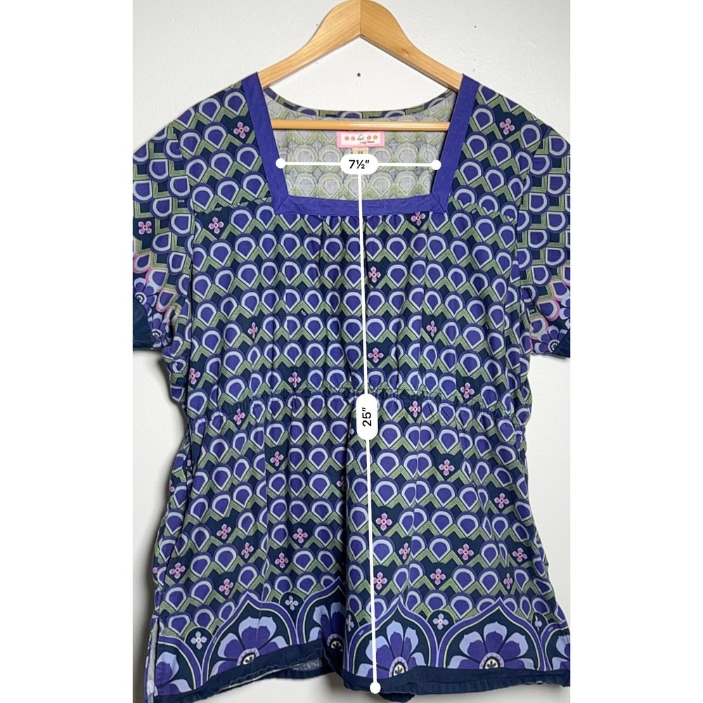 Koi by Kathy Peterson Womens Scrub Top Purple Green Geometric Comfy Cotton 2X - Picture 3 of 11